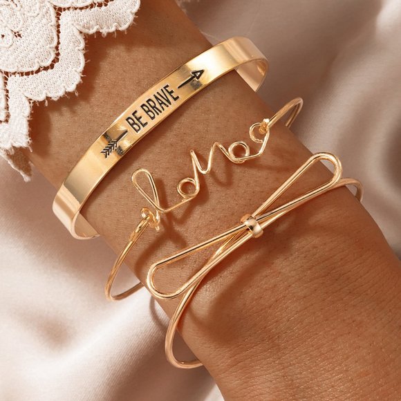 3/$35 3 Pcs Set Gold Plated Stackable Bangle Bracelet Love Bow Jewelry Gift - Picture 1 of 7